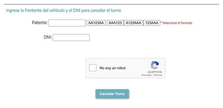 Pantalla para cancelar el turno de la VTV en Necochea con patente y DNI